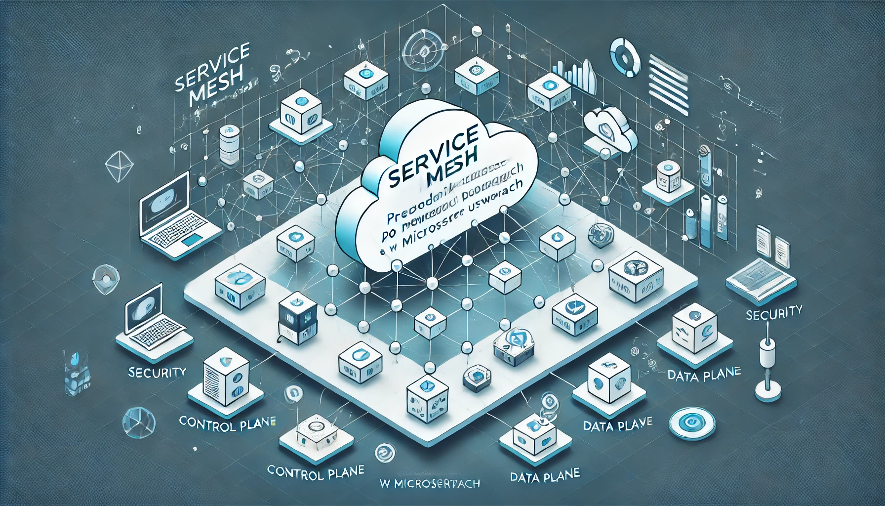 A modern tech-themed graphic illustrating 'Service Mesh' concepts for a blog post. The graphic shows a dynamic, cloud-based infrastructure with interc Service mesh