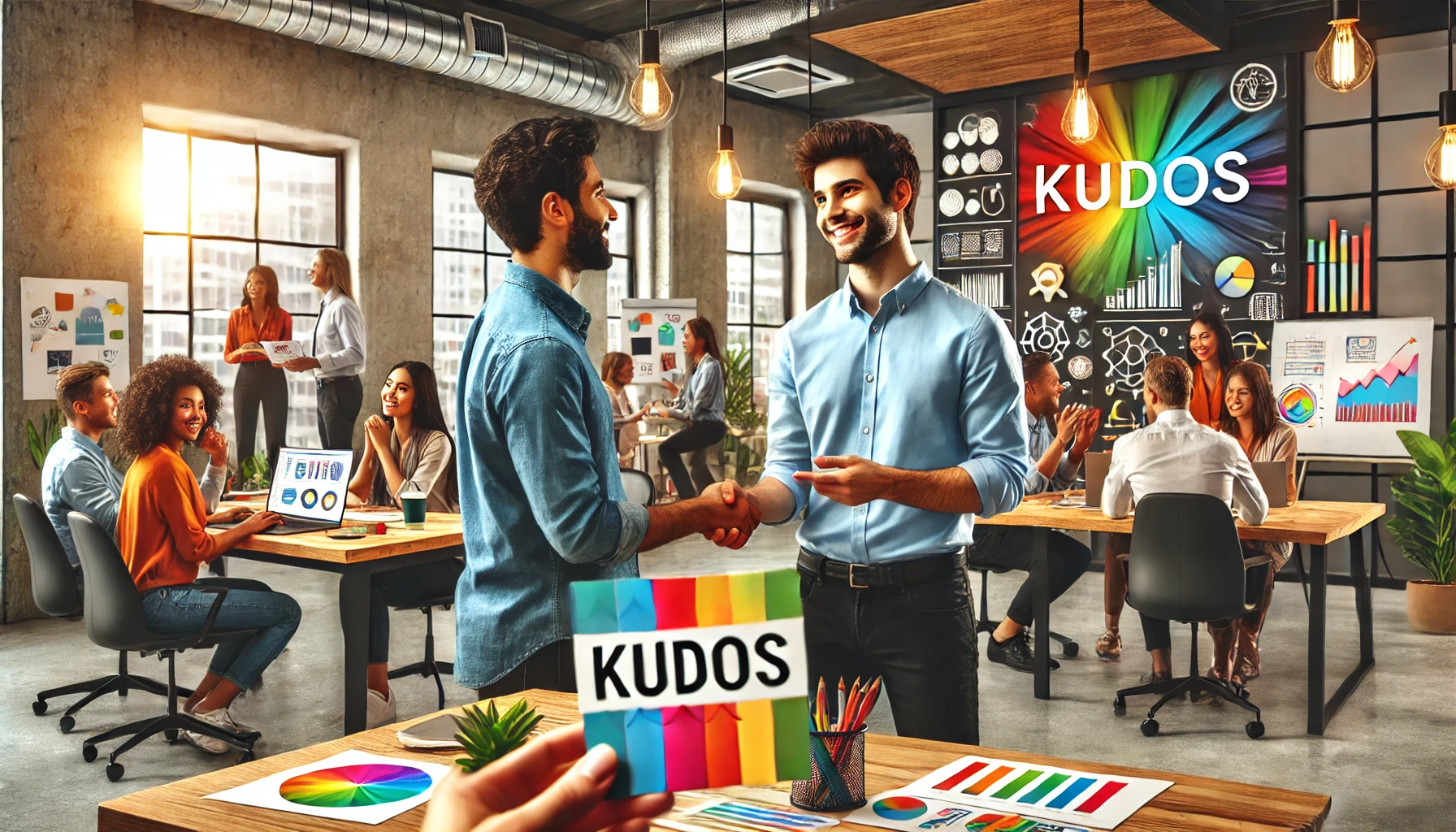DALL·E 2024-11-18 12.12.24 - A vibrant modern office setting showcasing a diverse group of employees. In the foreground, one employee is handing a colorful card labeled 'Kudos' to Kudosy
