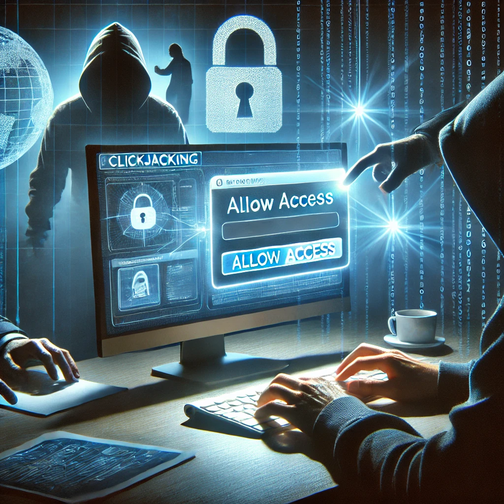 DALL·E 2024-11-19 11.04.14 - A conceptual image illustrating the concept of clickjacking in cybersecurity. The scene shows a user at a computer, unaware that they are interacting Kudosy